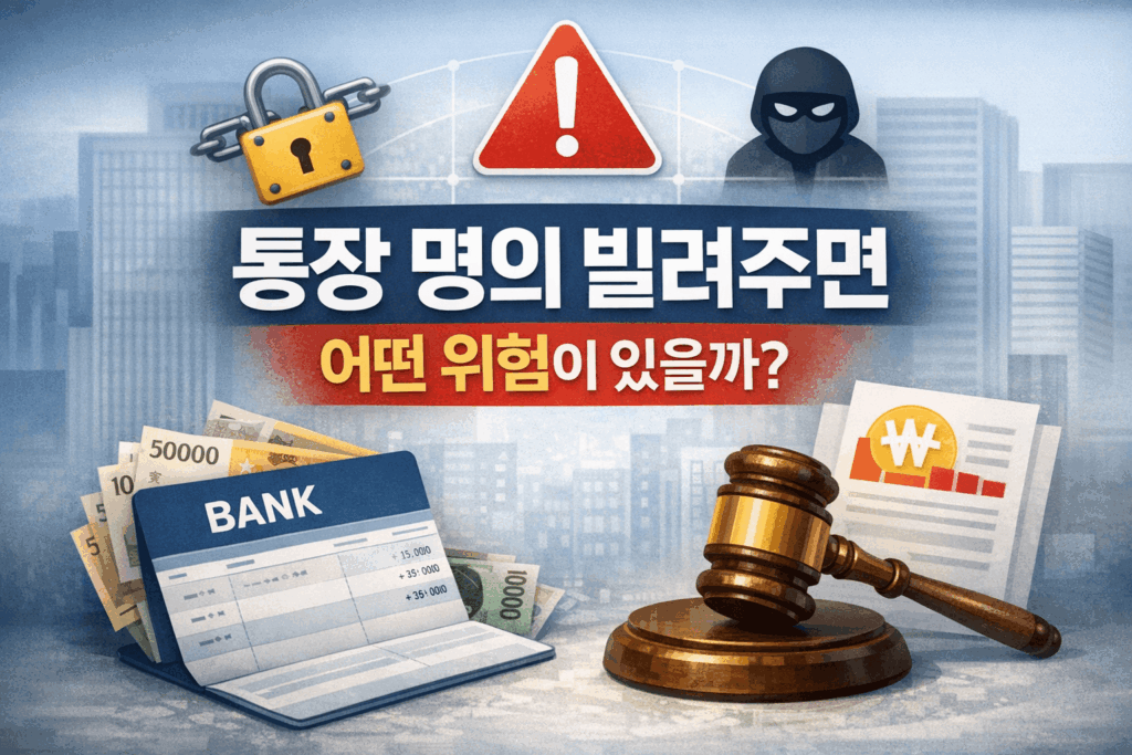 통장 명의 대여로 인한 계좌 지급정지와 금융 불이익을 안내하는 이미지