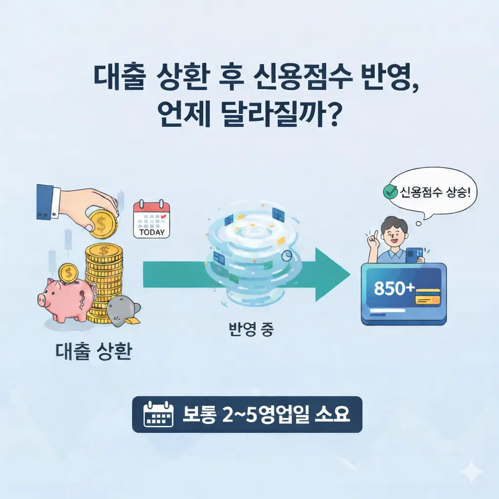 대출 상환 후 신용점수가 반영되는 과정과 소요 기간을 설명한 이미지