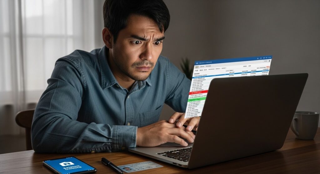 은행 계좌 거래 내역을 확인하며 금융 거래 상태를 점검하는 모습