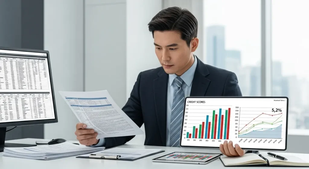 같은 신용점수라도 소득과 부채 구조에 따라 대출 금리가 달라지는 상황을 설명하는 이미지