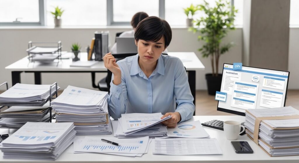 사무실에서 수많은 서류를 검토하며 미수령 보험금과 휴면보험금의 차이를 확인하는 모습과 온라인 조회 화면을 나타낸 이미지