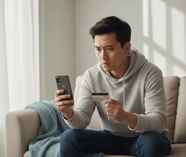 지급정지된 계좌로 월급 입금을 확인하며 고민하는 직장인