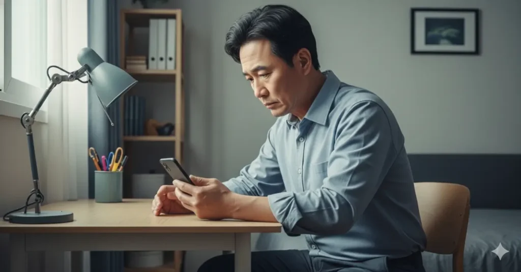 보이스피싱 의심 전화를 받은 뒤 휴대전화를 확인하는 중년 남성의 모습