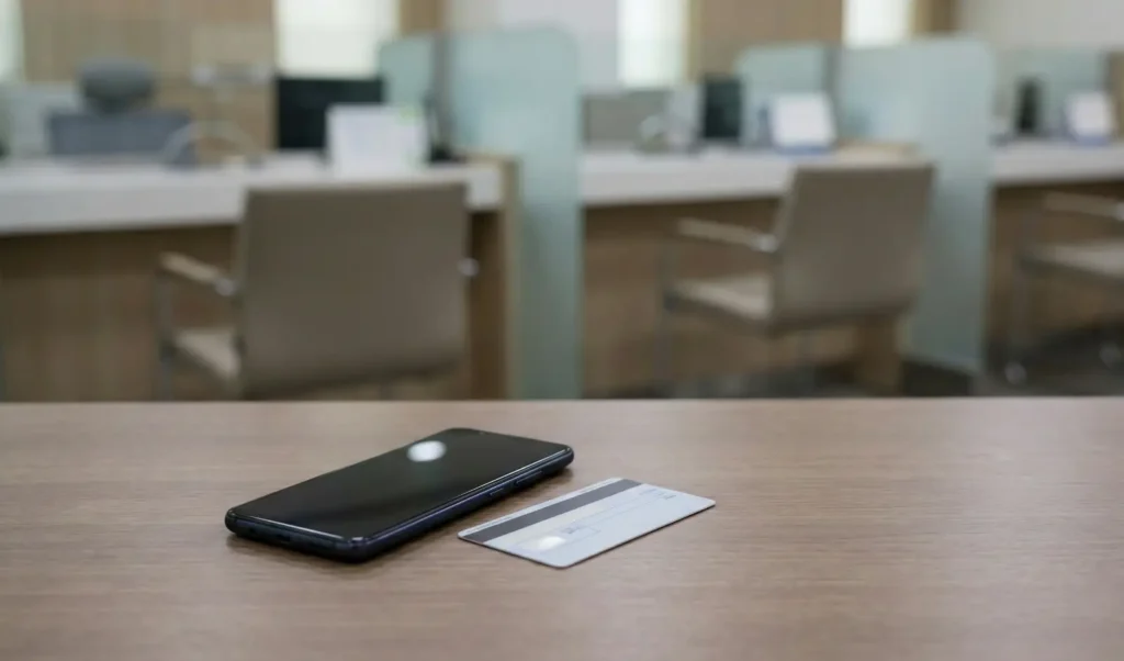 은행 창구에서 카드 사용 제한 상황을 나타내는 장면