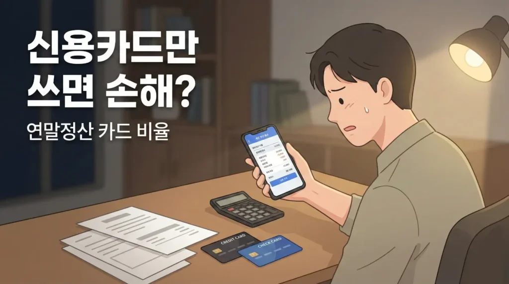연말정산에서 신용카드와 체크카드 사용 비율에 따라 세금 환급이 달라지는 상황을 표현한 이미지