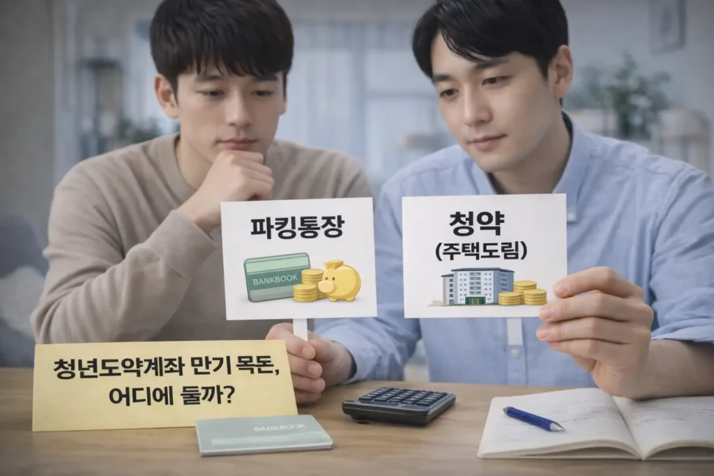 2026년 청년도약계좌 만기 목돈을 파킹통장과 청약(주택드림) 중 어디에 둘지 비교하는 장면