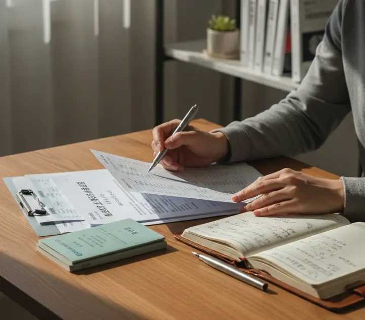 계좌 지급정지 이의제기를 위해 금융 거래 서류를 검토하는 장면