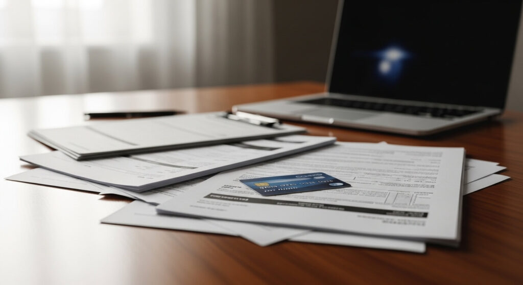지급정지 해제 이후 금융 서류와 신용카드를 통해 정상화 과정을 설명하는 이미지