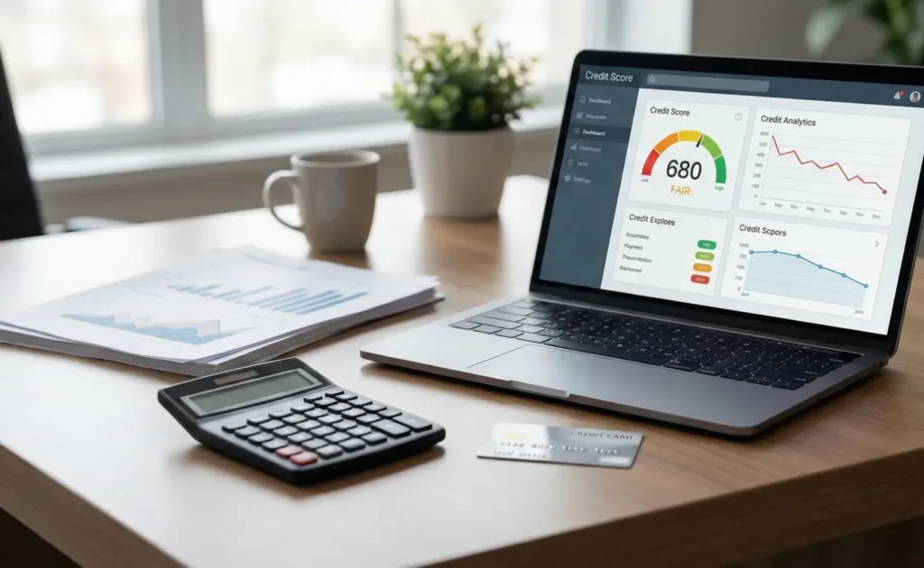 노트북 화면의 신용점수 대시보드와 계산기, 신용카드가 함께 놓인 책상 장면
