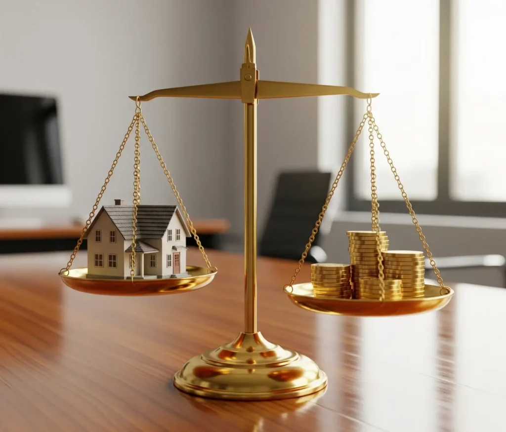 내집마련 디딤돌대출과 특례보금자리론의 차이를 비교하기 위해 저울 위에 올려진 주택 모형과 동전 더미