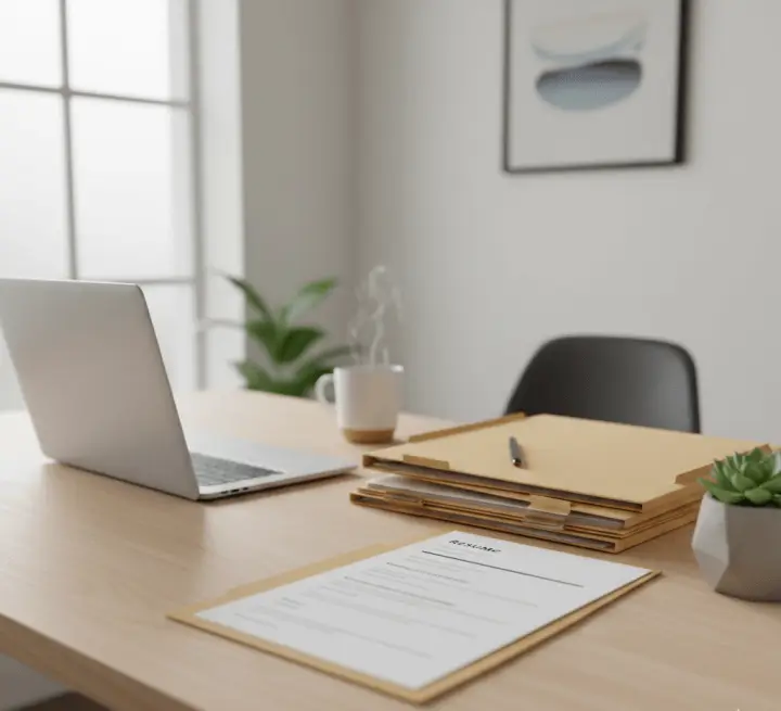 취업 준비 과정에서 금융 기록과 서류를 확인하는 사무 공간 이미지