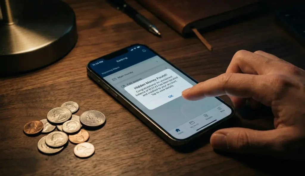 어두운 책상 위 스마트폰으로 숨은 돈 찾기 수수료 및 환급액을 확인하는 모습