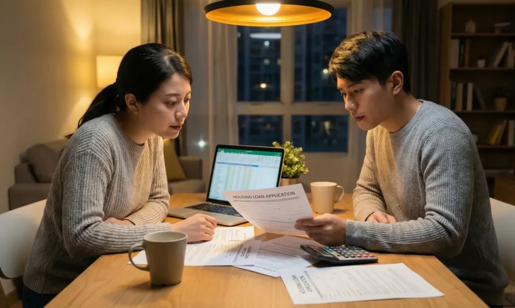 신혼부부가 버팀목 전세자금대출 이자를 계산하며 대출 서류를 검토하는 모습
