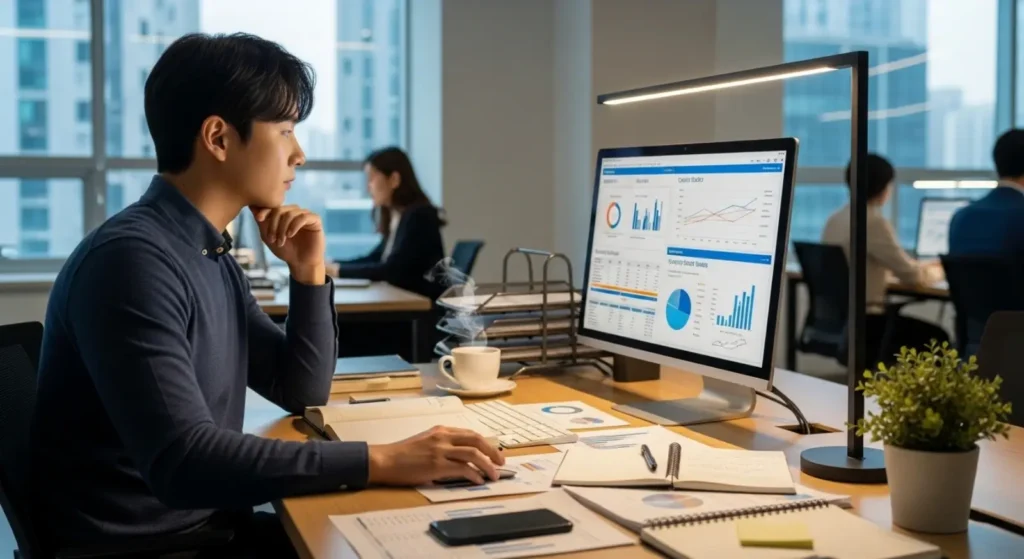 사무실에서 금융 대시보드 그래프를 보며 신용점수 데이터를 분석하는 직장인