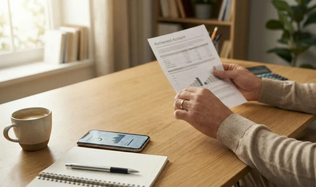 집 책상에서 연금 계좌 서류를 확인하며 현금 흐름을 점검하는 모습