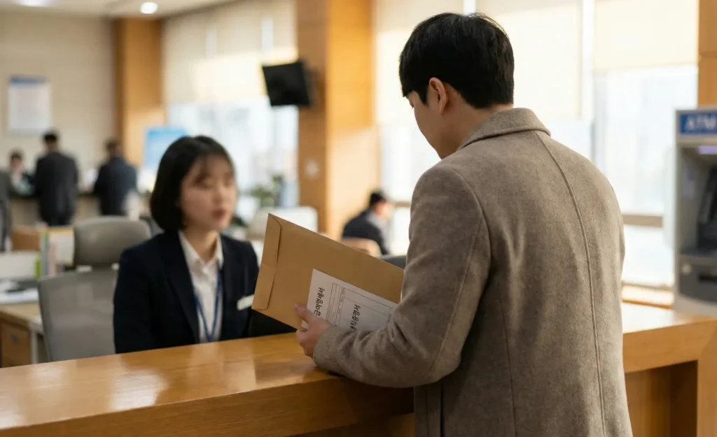은행 창구에서 서류 봉투를 제출하며 신용대출 금리인하요구권 상담을 받는 모습