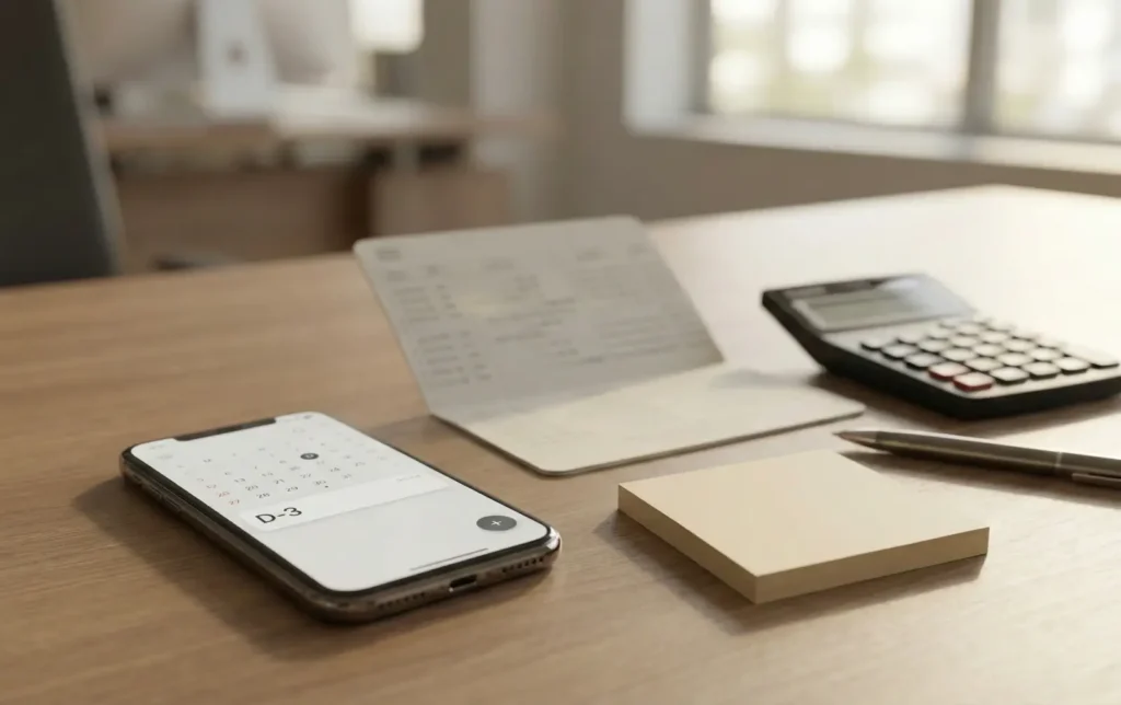 정기예금 만기 3일 전(D-3)을 보여주는 스마트폰과 계산기, 금융 서류가 놓인 책상