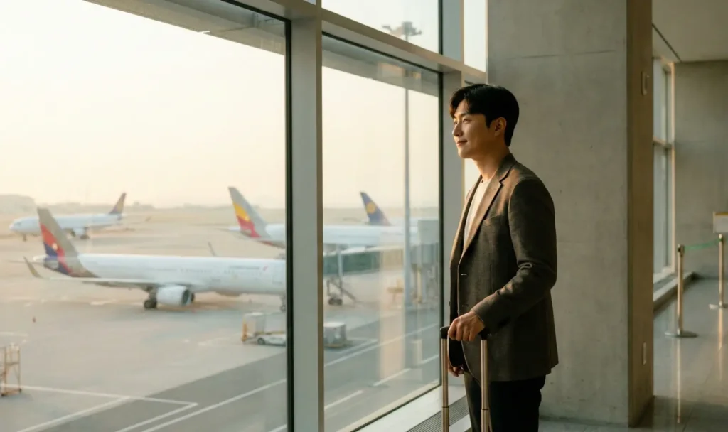 캐리어를 끌고 공항 창밖 비행기를 바라보는 2030 젊은 직장인 남성. 1억 모으기 전 여행과 새로운 경험에 투자하는 결단을 상징하는 모습