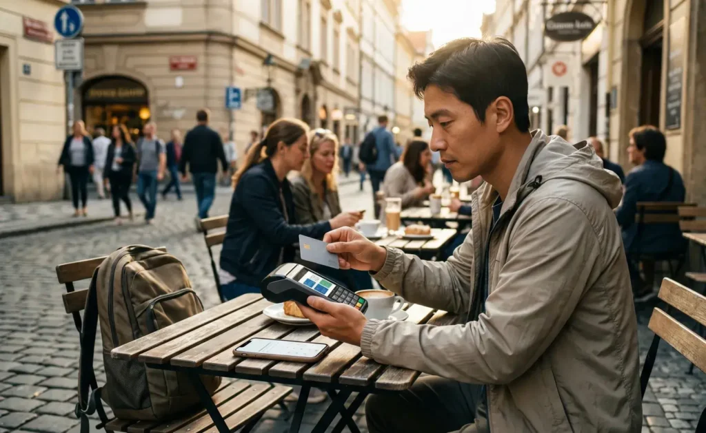 해외 카페에서 카드 결제 단말기로 현지 통화를 선택하는 모습