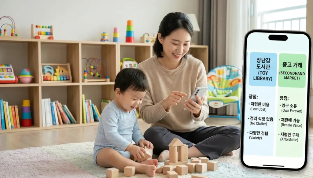 장난감 도서관 대여와 당근마켓 중고 거래를 비교하며 육아 장난감 비용 지출을 방어하는 부모와 아기 모습