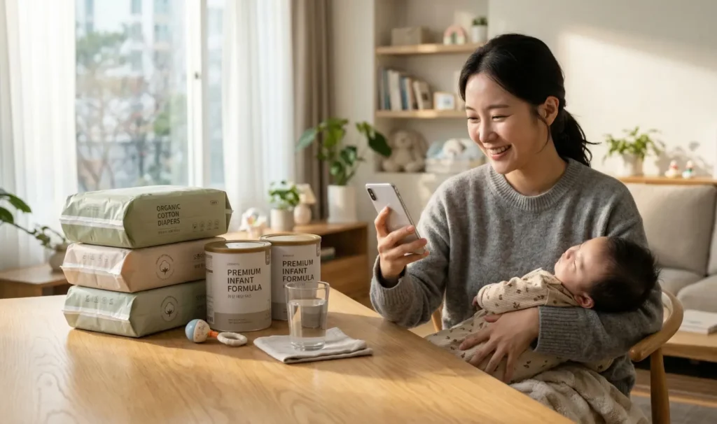 아기를 안은 보호자가 스마트폰으로 기저귀와 분유 가격을 확인하는 모습