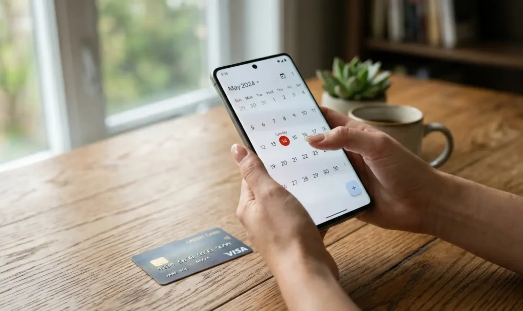 첫 달 무료 구독 해지 타이밍을 놓치지 않기 위해 스마트폰 캘린더 앱에 날짜를 빨간색으로 표시하여 확인하는 모습. 책상 위에는 신용카드가 함께 놓여 있습니다.