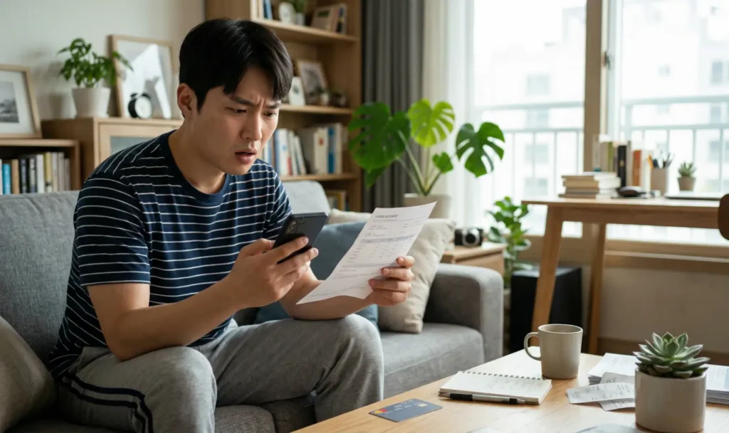 스마트폰 결제 알림과 영수증을 확인하며 자동결제 환불 방법을 찾는 남성의 모습