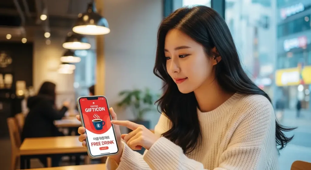 카페에서 스마트폰으로 기프티콘 쿠폰을 사용하는 여성의 모습