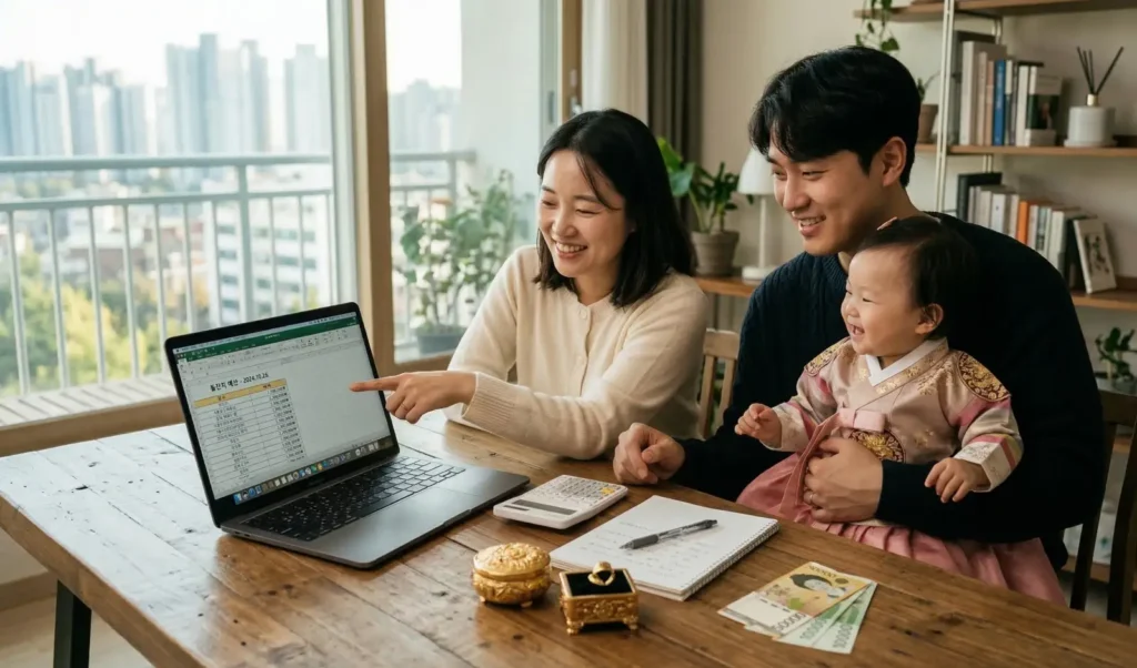 따뜻한 햇살 아래 거실 테이블에 앉은 한국인 부부가 노트북 화면의 '돌잔치 예산' 엑셀 표를 가리키며 환하게 웃고 있다. 고운 한복을 입은 아기가 아빠 품에 안겨 있고, 테이블 위에는 계산기, 금가락지 상자, 한국 지폐(오만원권, 만원권)가 놓여 있다. 도시 전망이 보이는 아늑한 가족의 돌잔치 비용 계획 모습을 담은 고화질 실사 사진