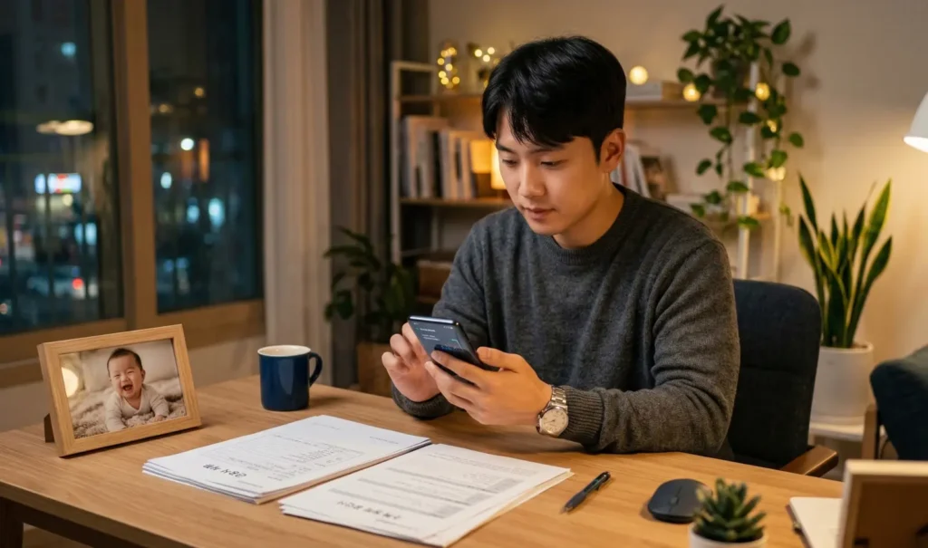 직장인 아빠가 책상에 서류를 준비해 두고 스마트폰으로 미성년자 자녀의 주식 계좌를 비대면으로 개설하는 모습