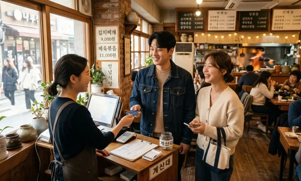 평택 지역 식당 계산대에서 평택사랑상품권 카드로 데이트비를 결제하며 웃고 있는 한국 커플의 모습