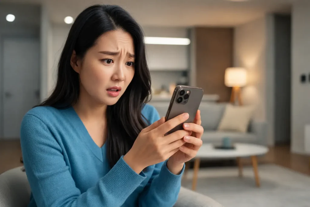 적립금이 쌓여도 절약이 체감되지 않아 스마트폰을 확인하는 여성