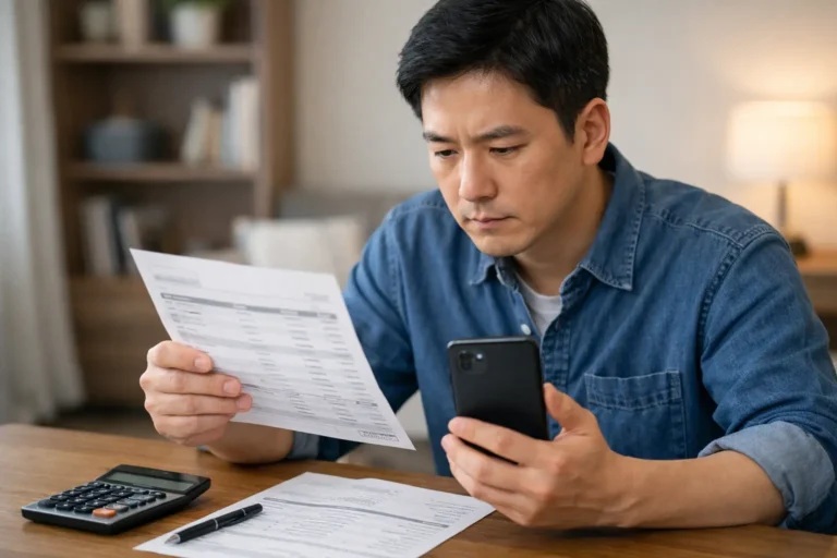 통신요금 명세서를 보며 숨은 부가서비스와 소액결제 항목을 확인하는 모습