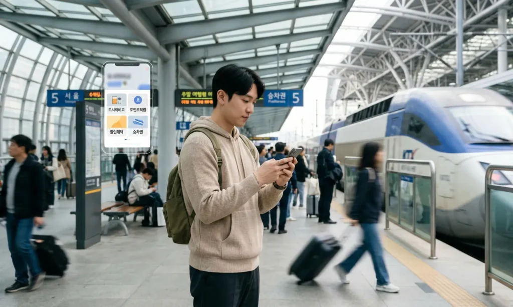 주말 장거리 이동을 위해 역 플랫폼에서 스마트폰으로 할인 옵션을 확인하는 사람