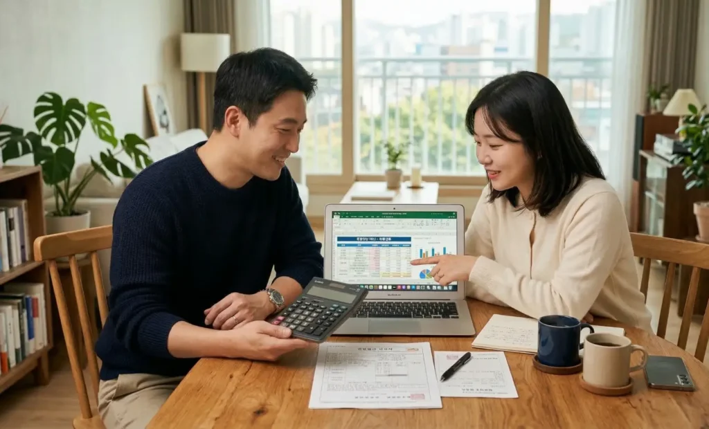 맞벌이 부부가 집에서 노트북과 계산기를 이용해 연말정산 자녀 인적공제 환급액을 상의하며 계산하고 있는 모습