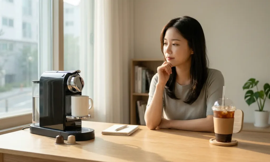 캡슐 커피머신과 테이크아웃 커피를 비교하며 고민하는 일상 장면