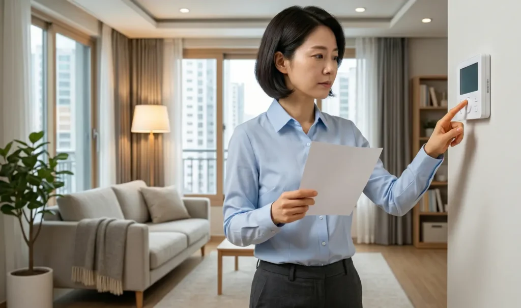 가스요금 고지서를 확인하며 보일러 온도조절기를 설정하는 모습